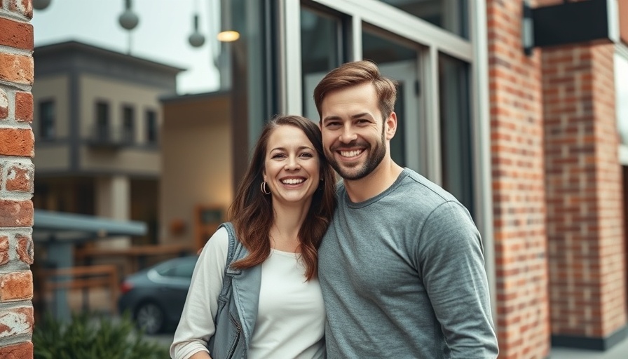 Happy couple outside a modern storefront related to chiropractic care.
