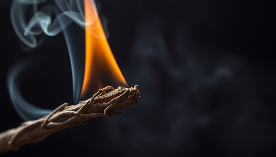 Close-up of burning sage stick with aromatic smoke for fall fragrance trends.