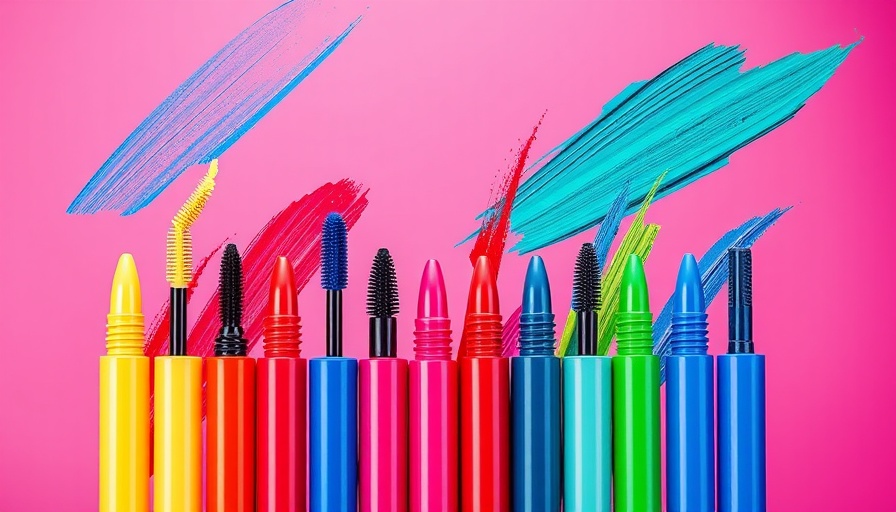 Colorful mascara tubes with brush strokes on pink background.