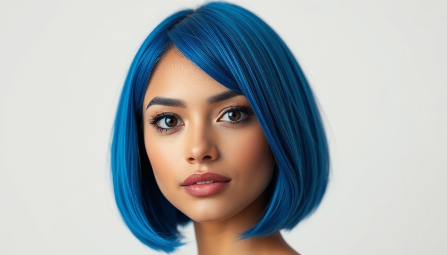 Vibrant blue bob hairstyle woman in a soft background.