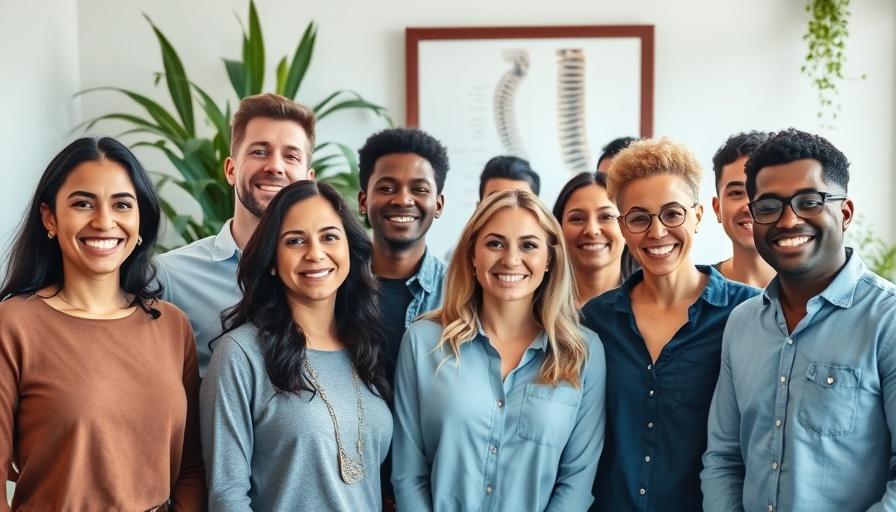 Group indoors smiling at chiropractic care office with poster.