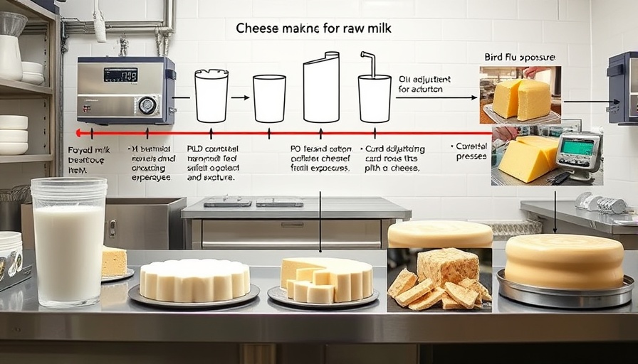 Diagram and photos illustrating bird flu impact on raw milk cheese-making process.