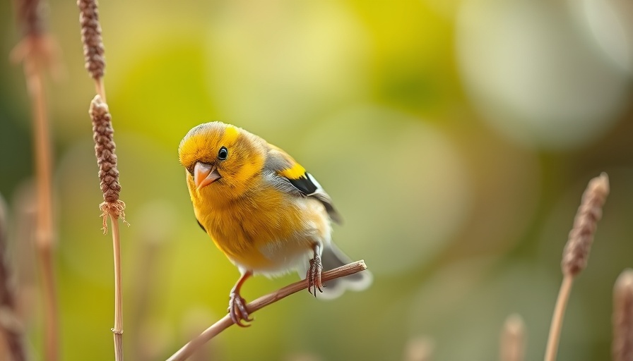 Bright goldfinch on dried plants during fall gardening for spring nesting.