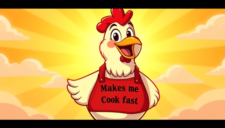 Cartoon chicken with apron in sunny backdrop, Christian homeschool community humor.