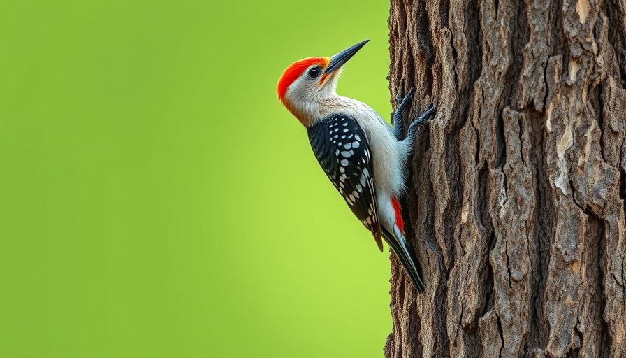 Arizona Woodpecker perched on tree trunk with green background.