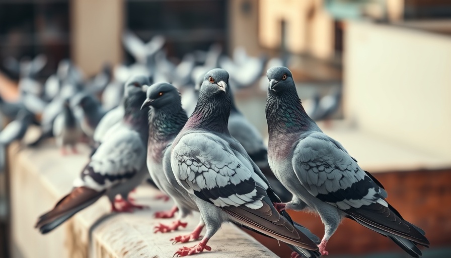 Flock of pigeons on a rooftop, related to avian paramyxovirus in Wyoming birds.