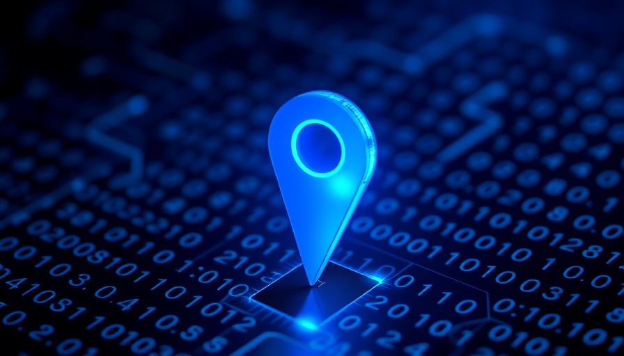 Futuristic digital map pin on a binary code background, blue hue.