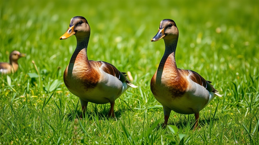 Two wild ducks on grassy field, related to avian influenza biosecurity measures.