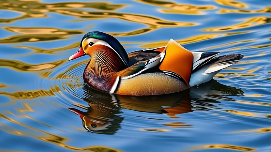 Duck with rainbow in bird feathers, swimming on reflective water