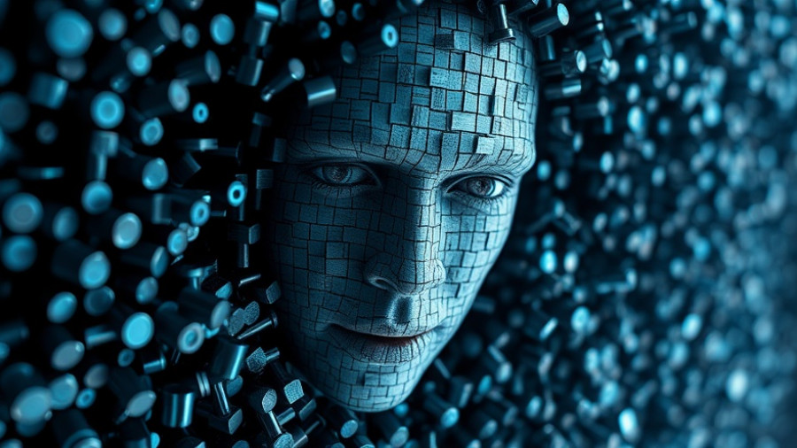 3D digital mosaic of human face with metallic pegs, representing AI safety advocates controversy.