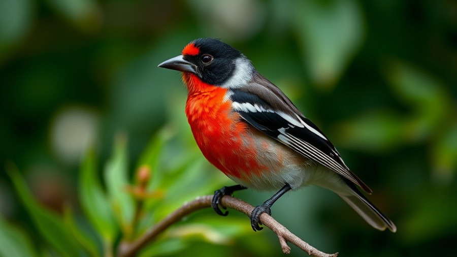 Vibrant grosbeak perched with striking red breast.