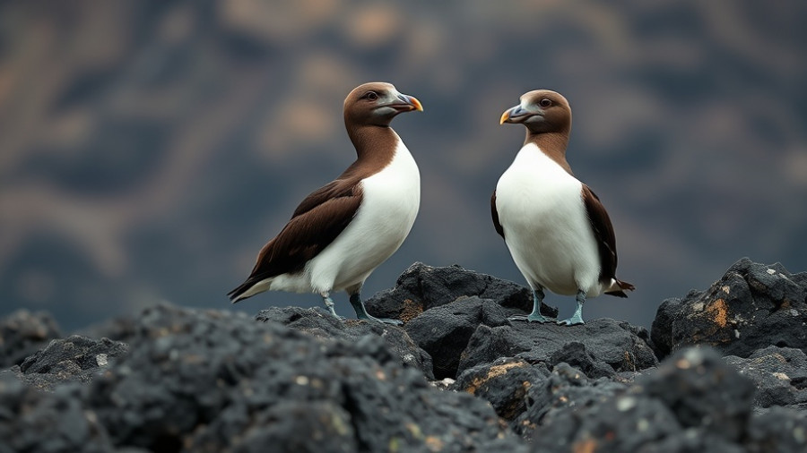 Seabirds thriving on volcanic slopes, perched on rocks.