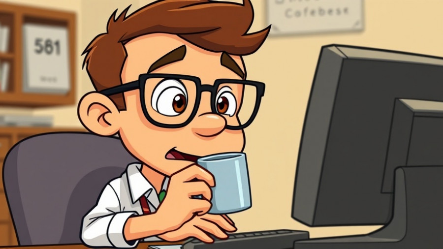 Cartoon character engaging on an old computer, representing Lyrics Thread Community Engagement.