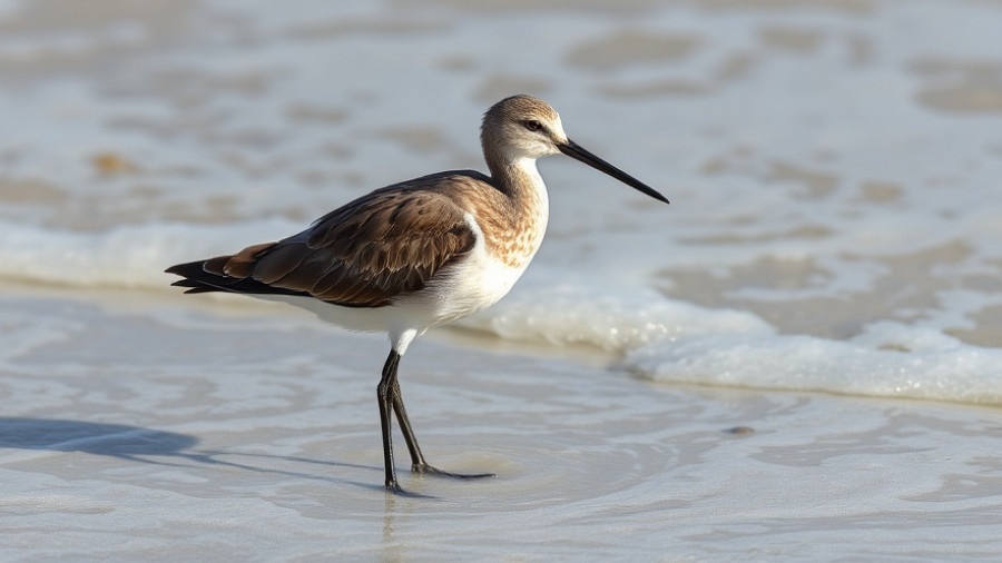 Hudsonian Godwit standing in shallow water with gentle waves.