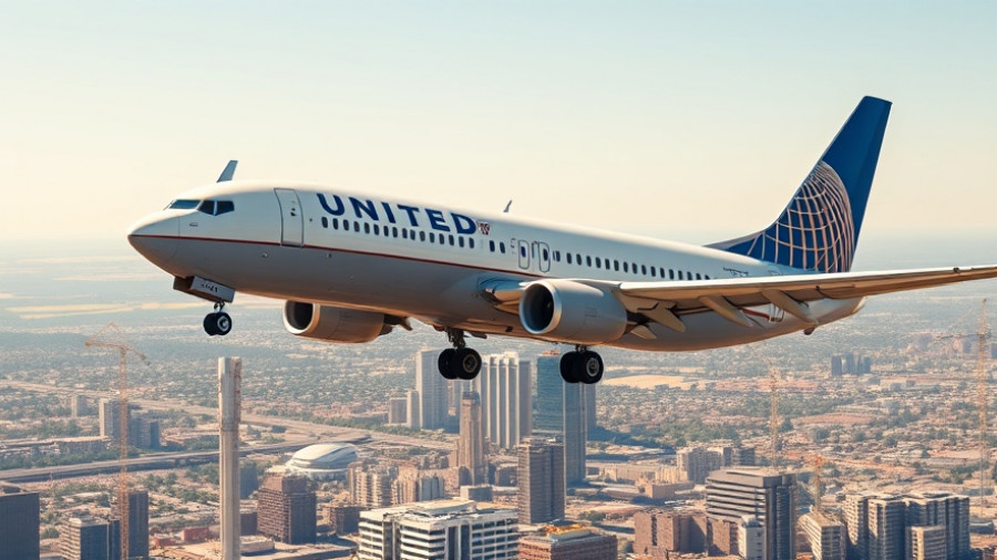 United Airlines flight over cityscape with cranes in warm light
