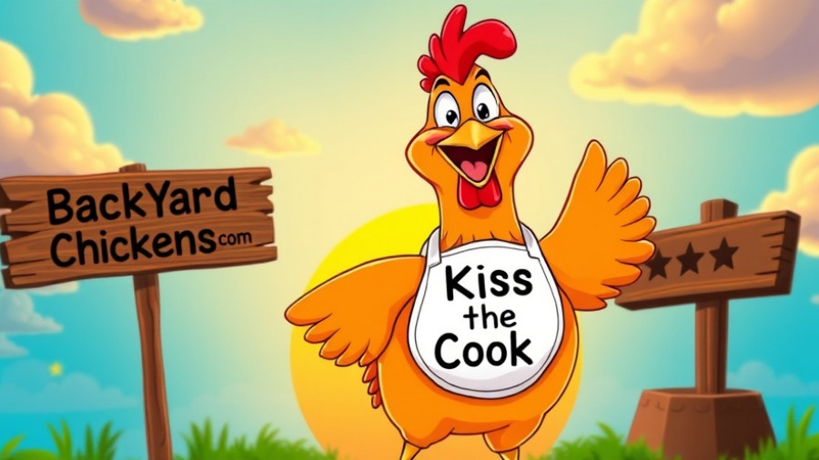 Cheerful cartoon chicken promoting BackyardChickens with a wood sign.