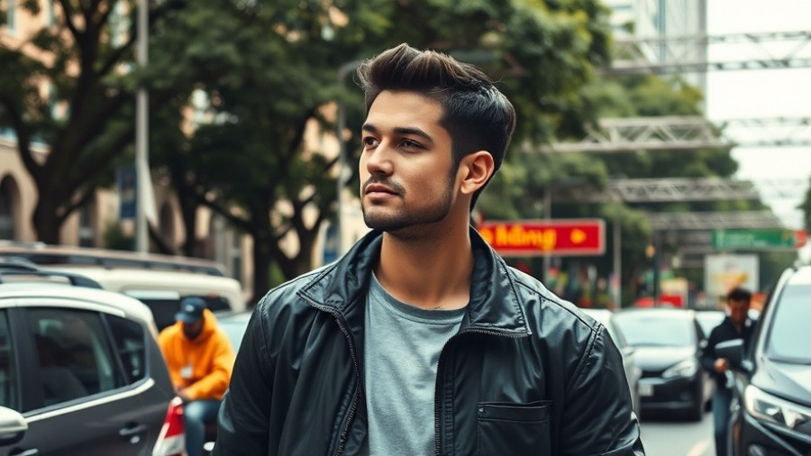 Man casually surrounded by a crowd near vehicles, outdoors in city