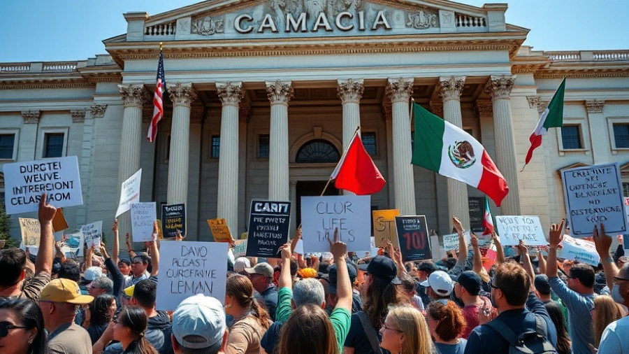Protest against federal troop deployments in front of San Francisco's neoclassical building.