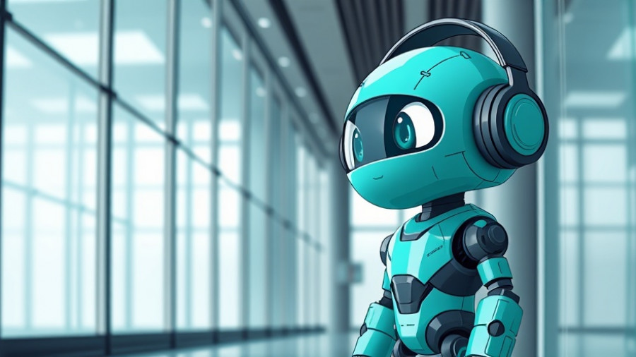 Teal robot with headphones in a modern building environment.
