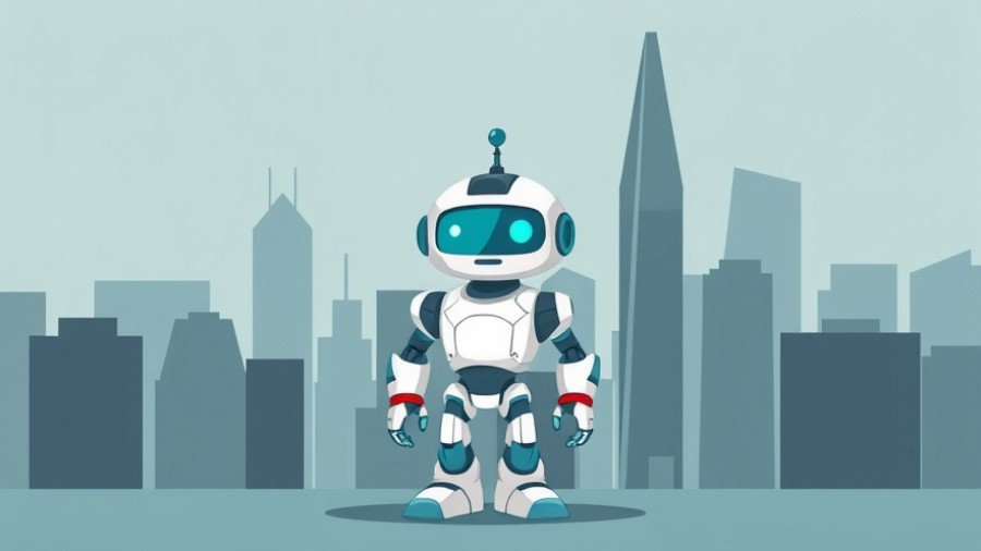 Cartoon robot with abstract cityscapes, representing technology control.