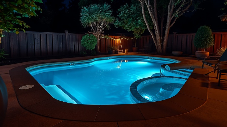 Cozy backyard spa experience with lit pool at night.