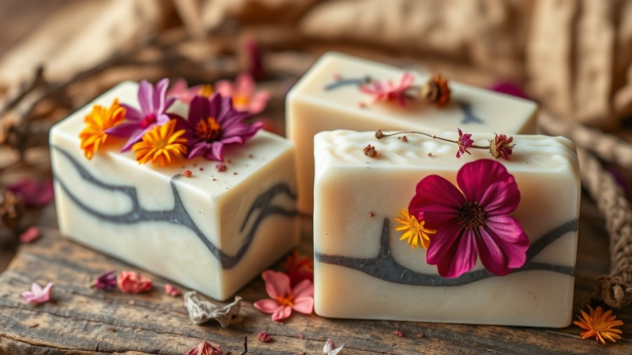 Handmade soap bars decorated with flowers, rustic wood setting.