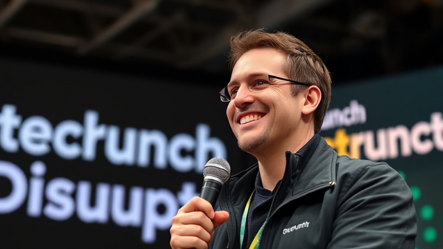 TechCrunch Disrupt 2025: smiling man speaking on stage.