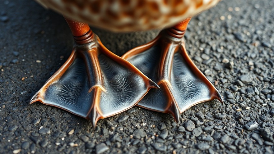 Close-up of a duck's webbed foot on asphalt, intricate details.