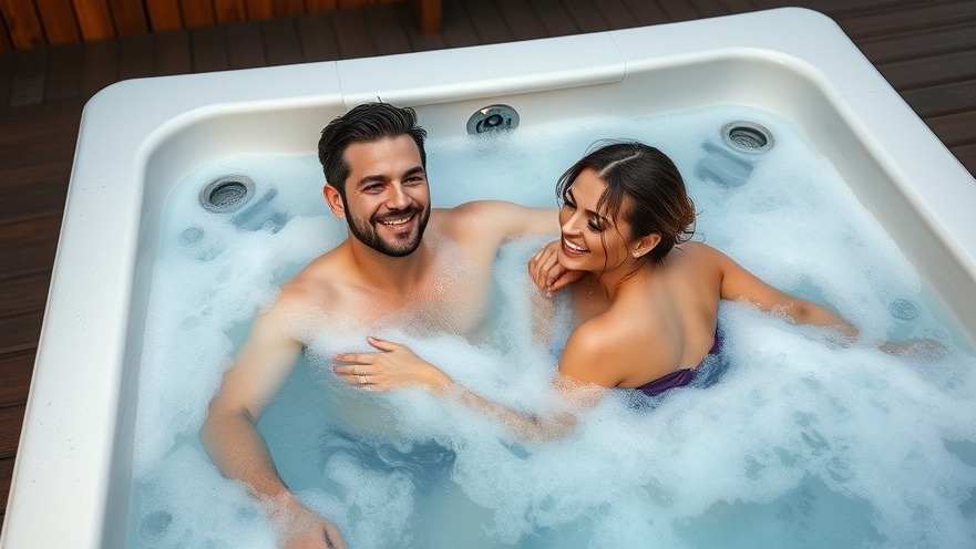 Couple enjoying a spacious square hot tub with bubbles.