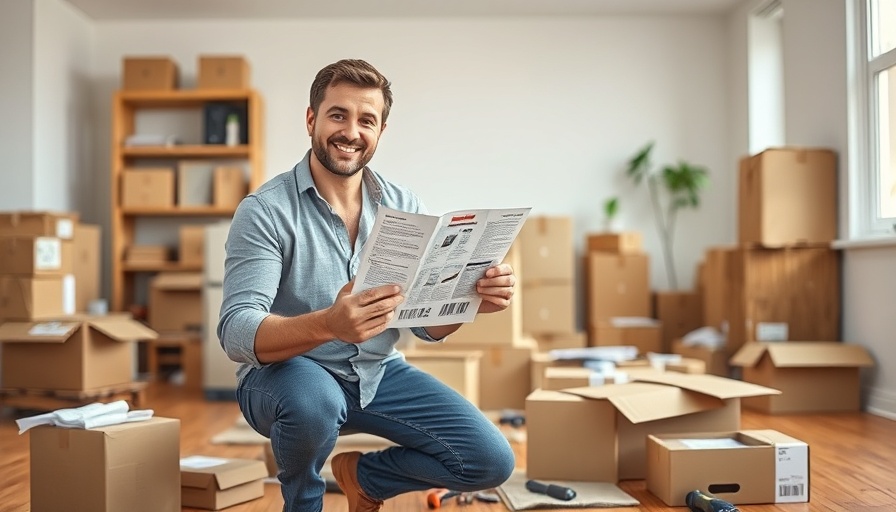 Man assembling furniture amid renovation stress, cheerful expression.