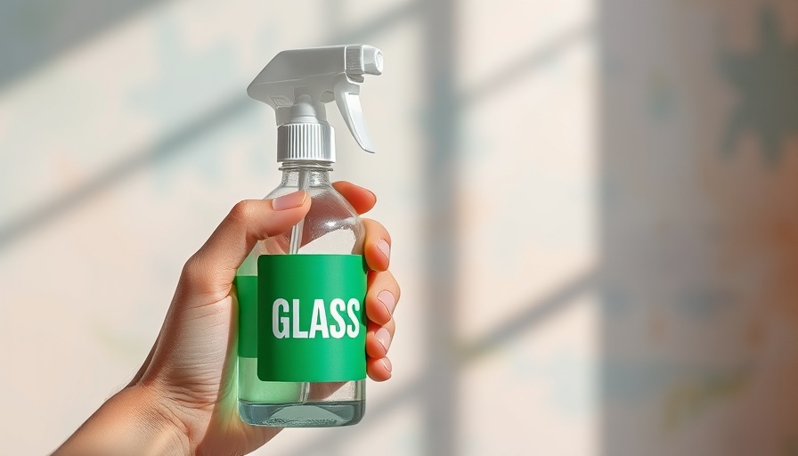 Homemade window cleaner in labeled spray bottle against art wall.