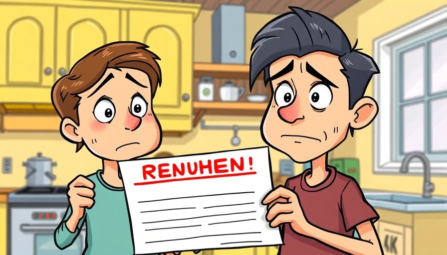 Cartoon characters with denied renovation request in old kitchen.