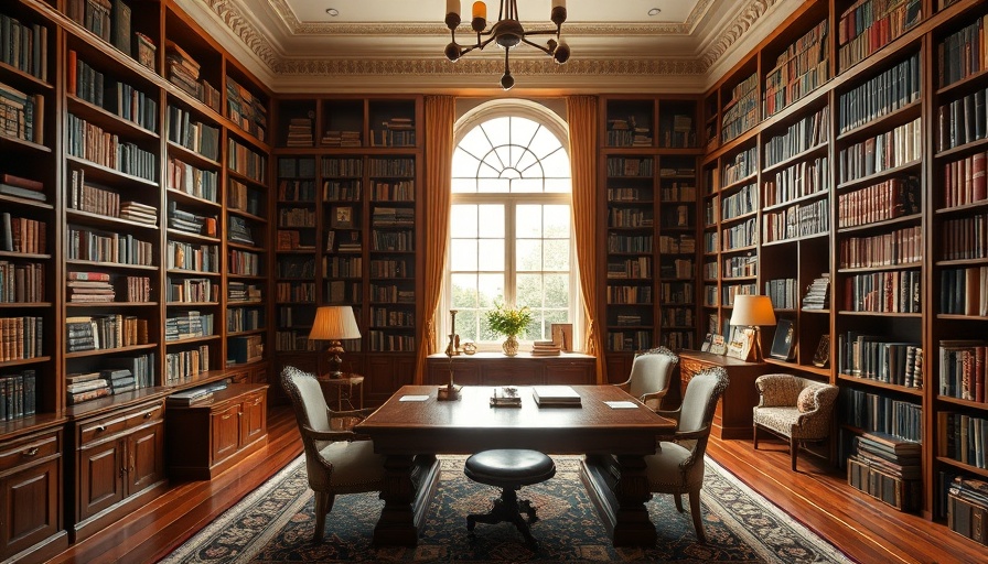 Elegant home library with books and vintage chairs, cozy atmosphere.