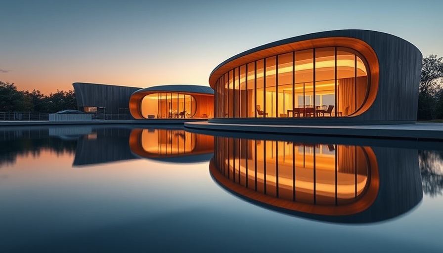 Minimalism in architecture by water at twilight.