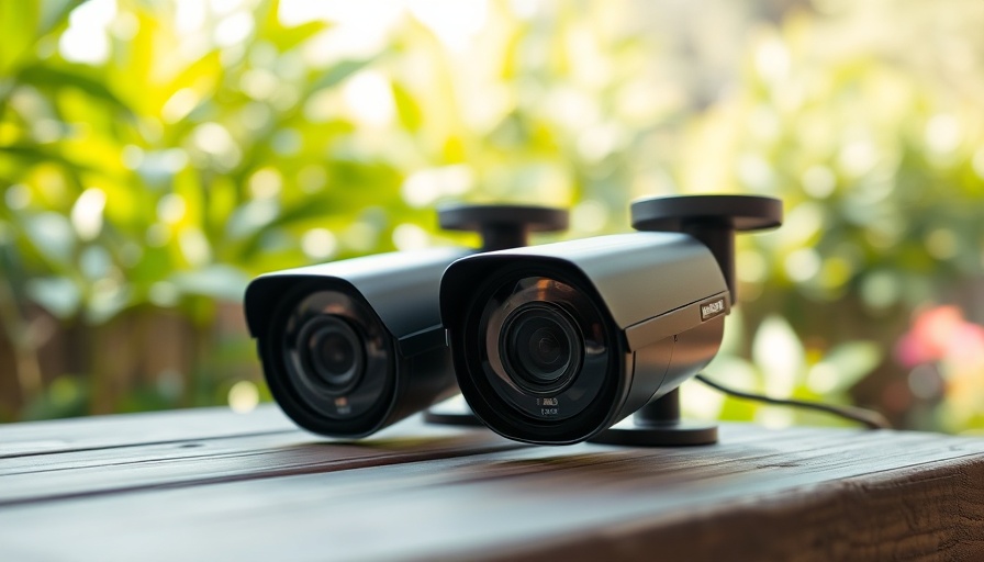 Modern 4K security cameras on a wooden surface outdoors.
