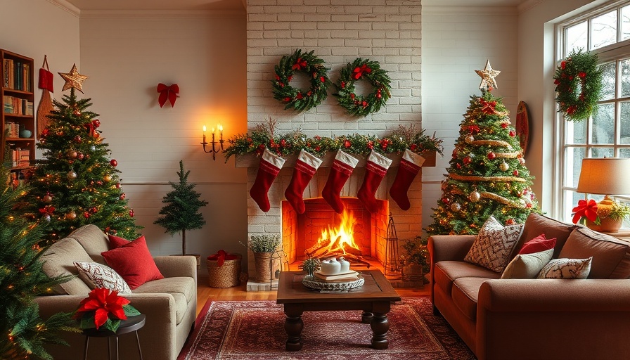 Holiday decorated living room with fireplace and plants.