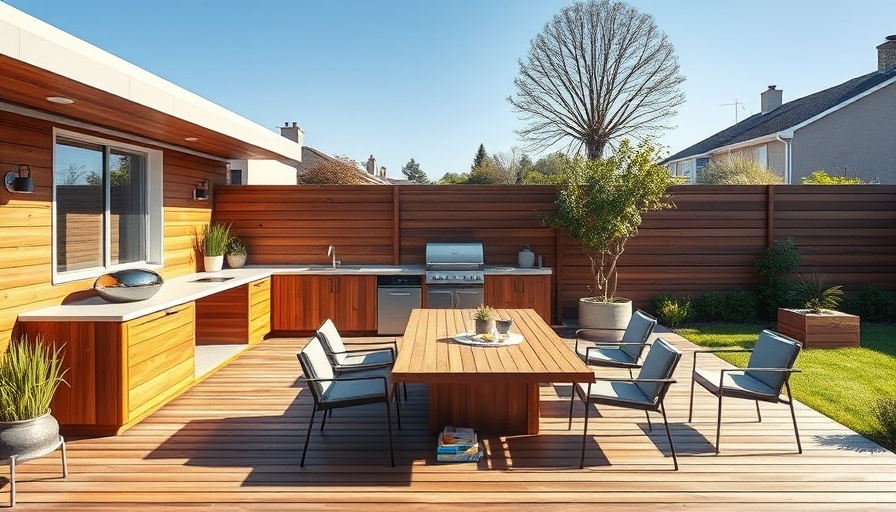 Modern patio design with outdoor kitchen and dining area.
