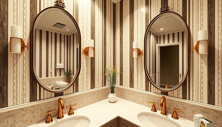 Stylish bathroom with striped wall texturing and gold faucets.