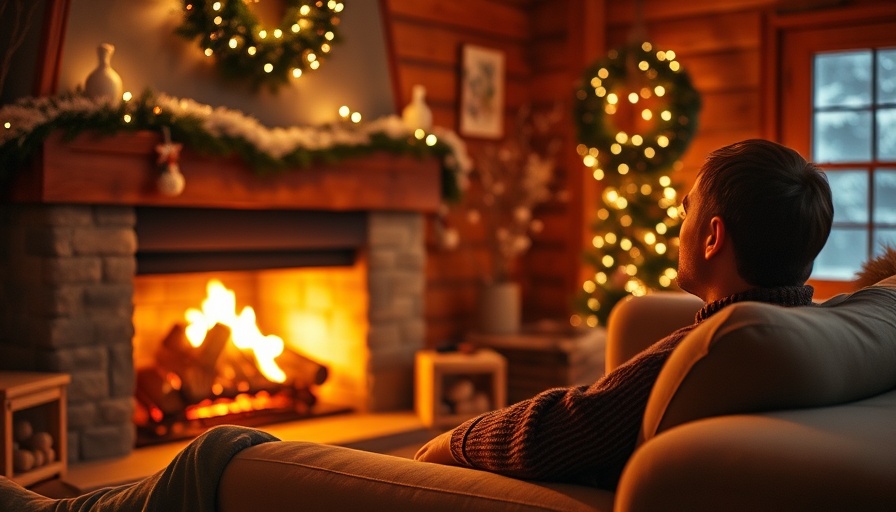 January home projects scene with man lighting fireplace.