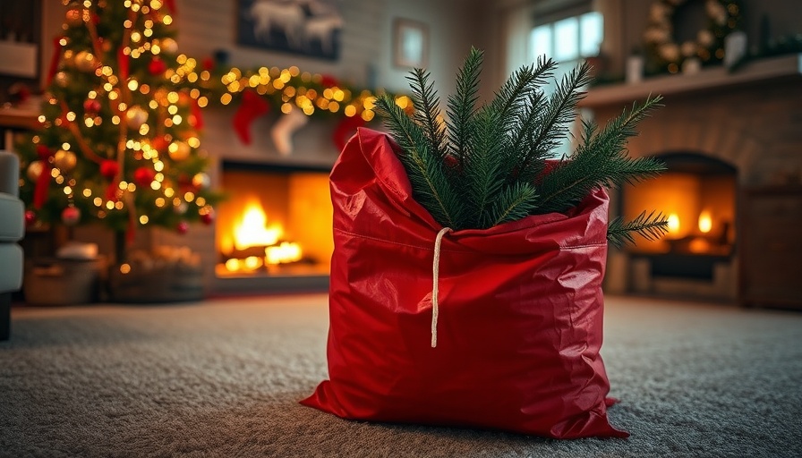 Christmas tree storage bag in festive living room by fireplace.