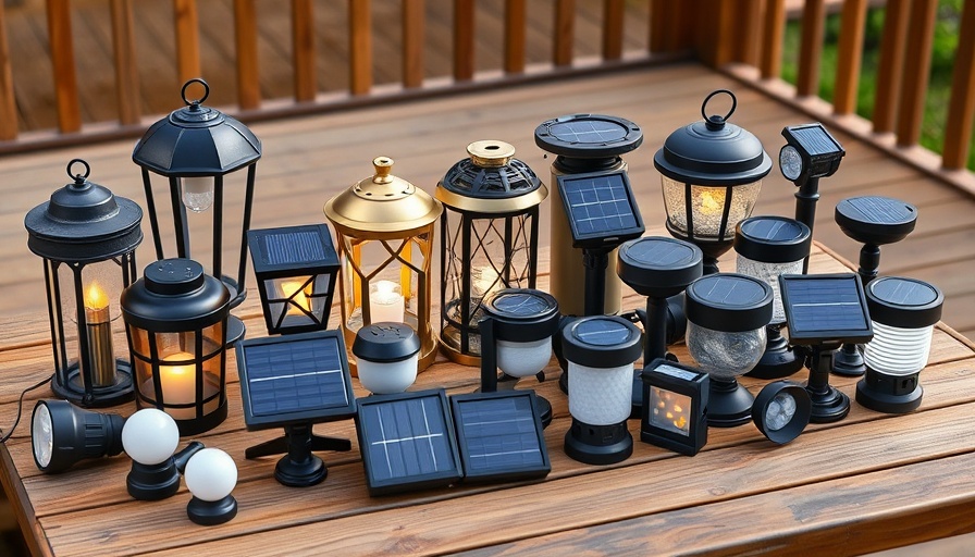 Collection of outdoor solar lights on a wooden table