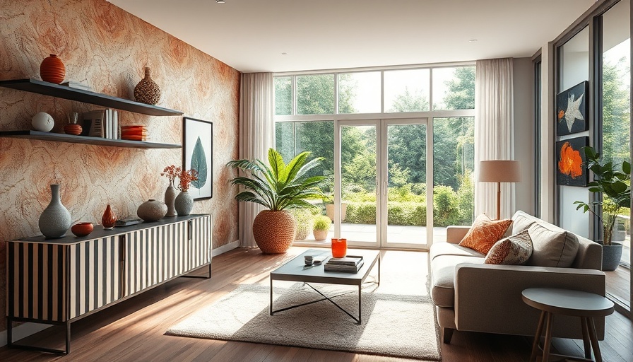Contemporary living room with peel-and-stick wallpaper and colorful decor.