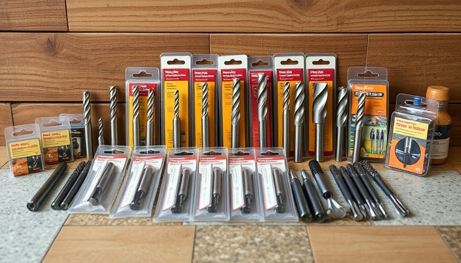 Assorted tile drill bits displayed on textured surface.