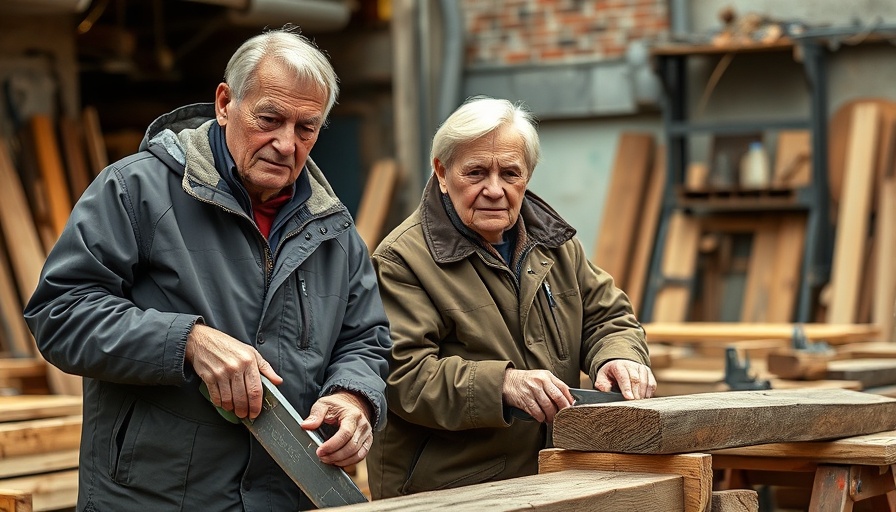 Elderly couple building with Habitat for Humanity, sawing wood.