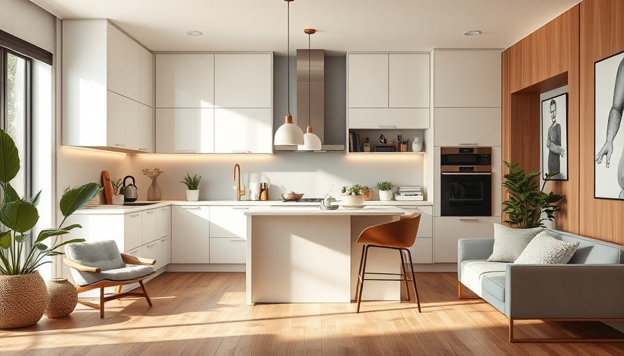 Modern kitchen showcase with elegant white cabinets and wooden island.