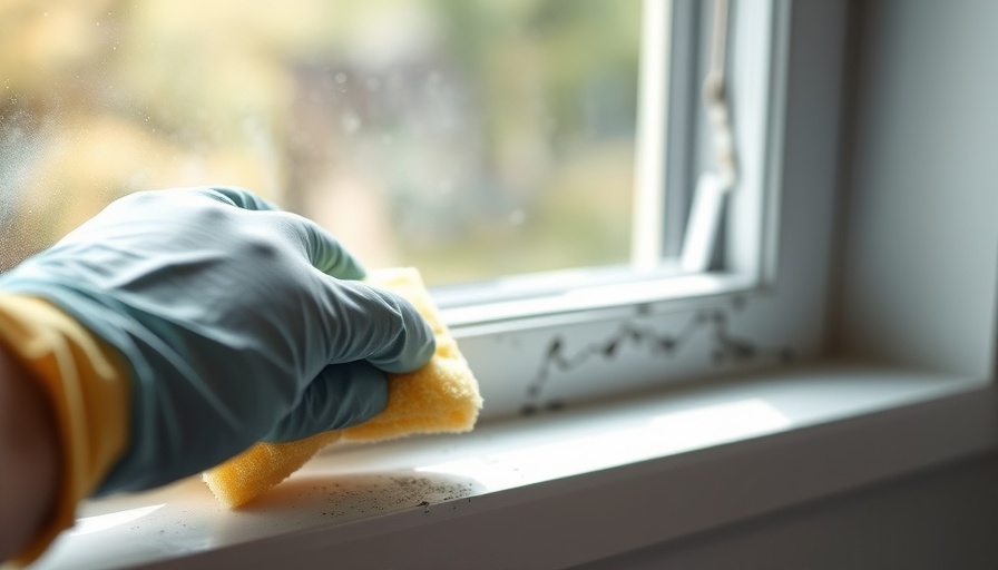 Close-up of mold removal from window sill using sponge and glove.