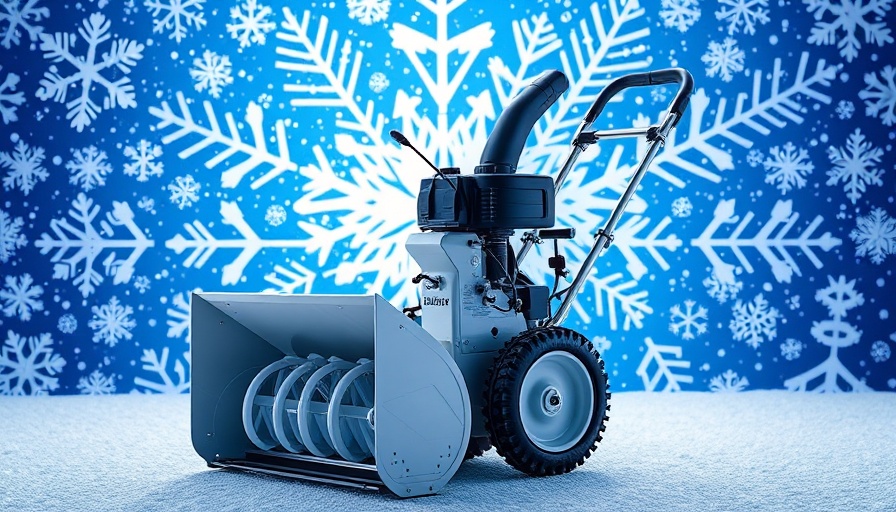 Modern snow blower in promotional design with snowflake pattern.