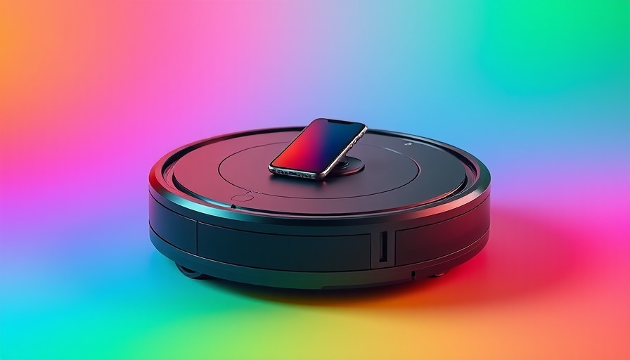 Roomba Deal: sleek vacuum robot with phone and pad on gradient background