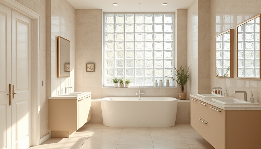 Bathroom with modern beige vanities and natural light.