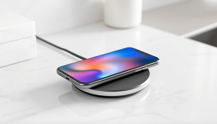 Wireless charging phone on sleek marble countertop.